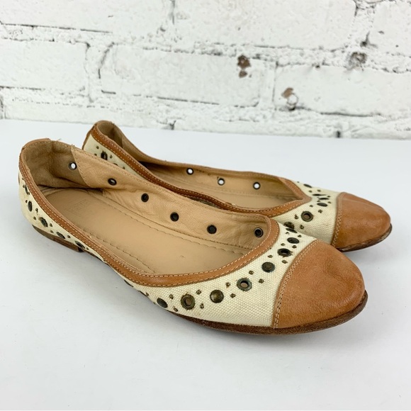 Frye Carson Rivet Flats Cream Canvas Leather Toe 8.5 - Picture 4 of 12